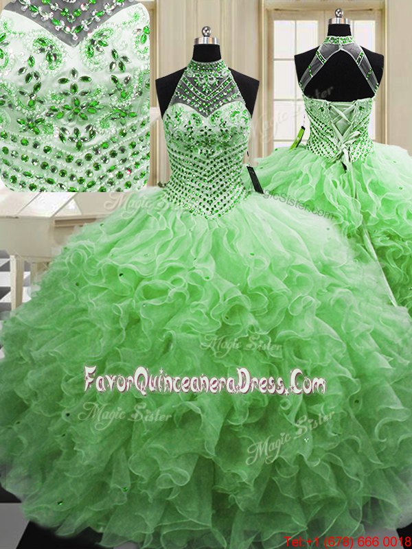 Beauteous Halter Top Floor Length Ball Gowns Sleeveless Sweet 16 Dresses Lace Up