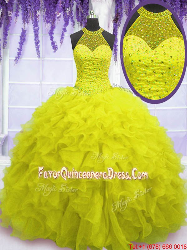 Cheap Floor Length Lace Up Quinceanera Gown Yellow and In for Military Ball and Sweet 16 with Beading and Ruffles