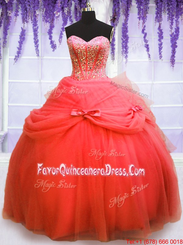 Charming Floor Length Lace Up Quinceanera Gowns Coral Red and In for Military Ball and Sweet 16 and Quinceanera with Beading and Bowknot