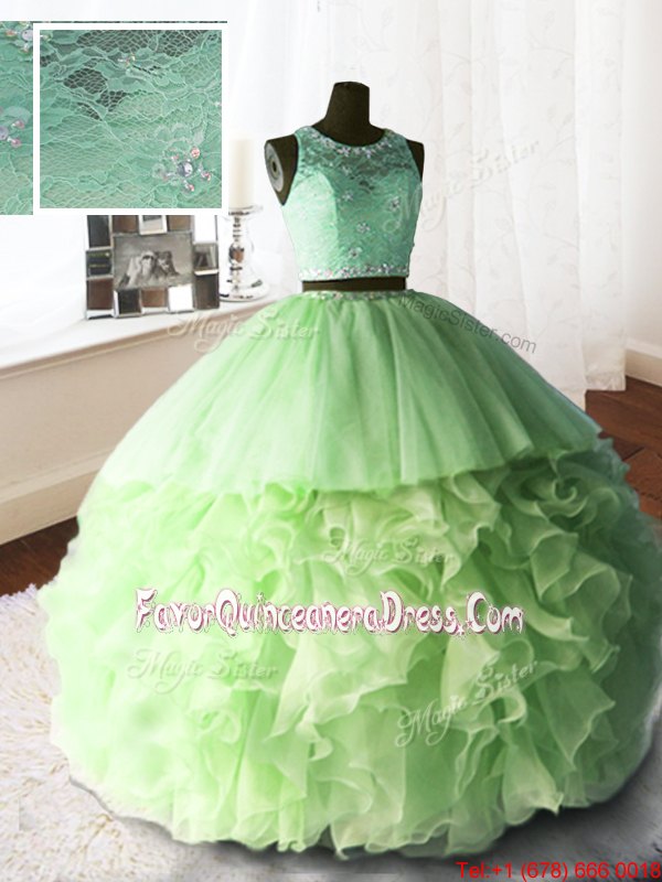  Scoop Sleeveless Brush Train Zipper With Train Beading and Lace and Ruffles Ball Gown Prom Dress