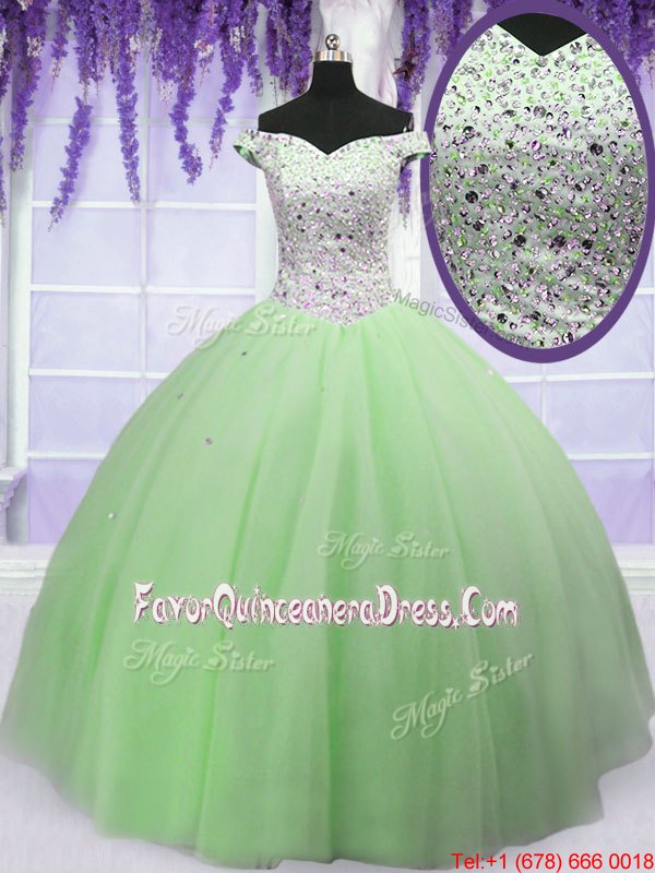  Ball Gowns 15 Quinceanera Dress Apple Green Off The Shoulder Tulle Short Sleeves Floor Length Lace Up