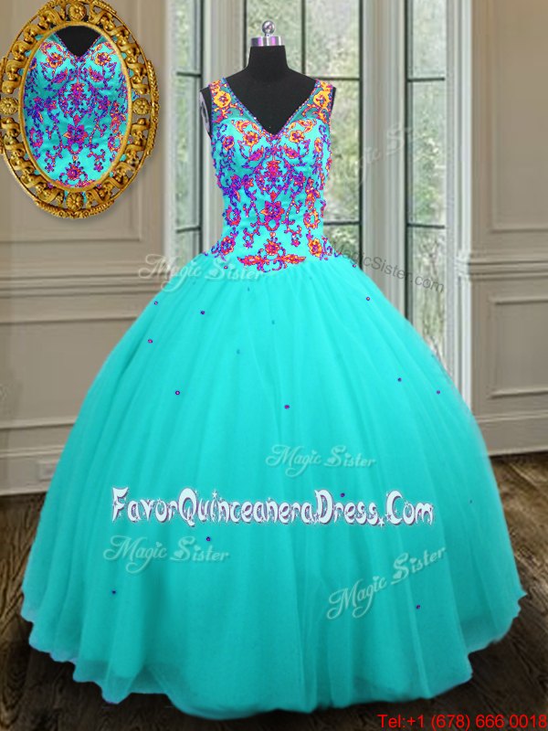  Aqua Blue Ball Gowns Tulle V-neck Sleeveless Beading Floor Length Zipper Sweet 16 Quinceanera Dress