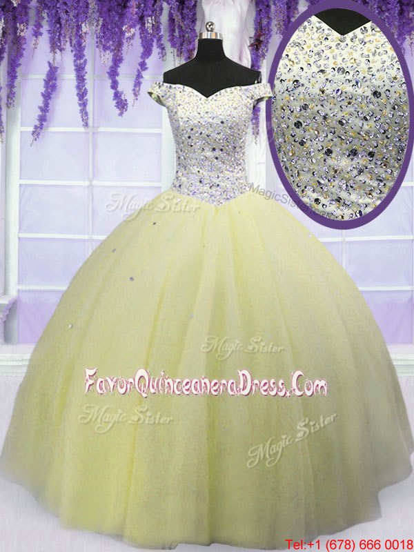 Chic Light Yellow Off The Shoulder Neckline Beading Sweet 16 Dresses Short Sleeves Lace Up