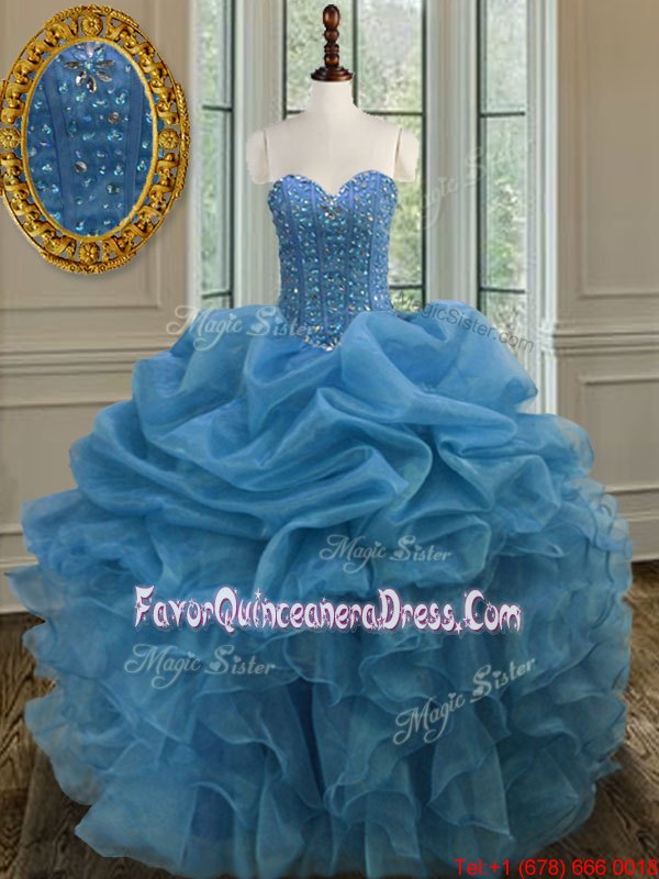 Most Popular Floor Length Aqua Blue 15 Quinceanera Dress Organza Sleeveless Beading and Ruffles