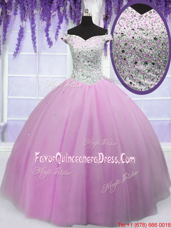  Off the Shoulder Lilac Short Sleeves Beading Floor Length Sweet 16 Dresses