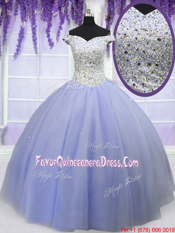  Tulle Off The Shoulder Short Sleeves Lace Up Beading Quinceanera Dress in Lavender