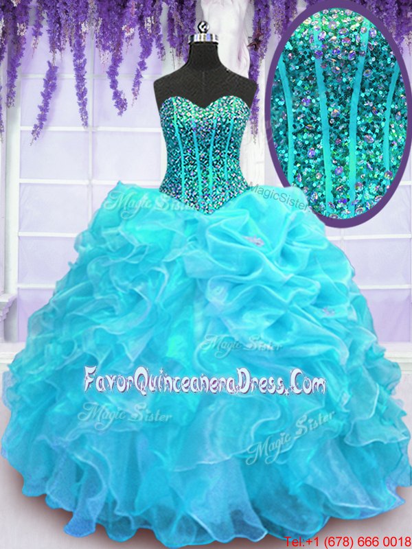  Sleeveless Organza Floor Length Lace Up Quinceanera Gowns in Aqua Blue for with Beading and Ruffles and Pick Ups