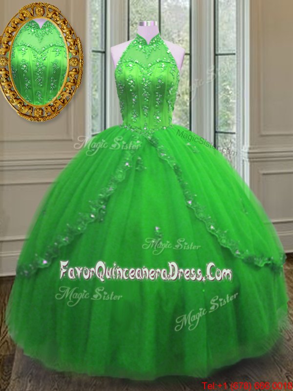 Smart Sleeveless Tulle Floor Length Lace Up Quince Ball Gowns in for with Beading and Appliques