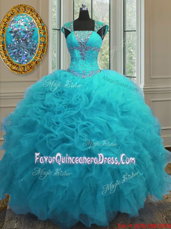 Low Price Sequins Floor Length Aqua Blue Quinceanera Dresses Straps Cap Sleeves Lace Up