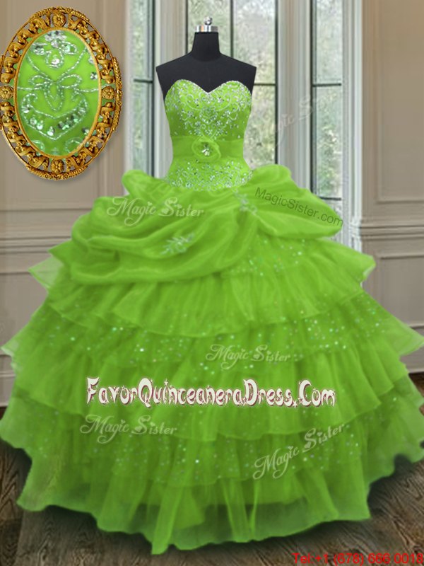 Smart Yellow Green Ball Gowns Organza Sweetheart Sleeveless Beading and Ruffled Layers and Pick Ups Floor Length Lace Up Sweet 16 Dress