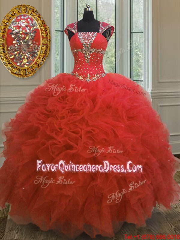  Coral Red Straps Lace Up Beading and Ruffles and Sequins 15th Birthday Dress Cap Sleeves