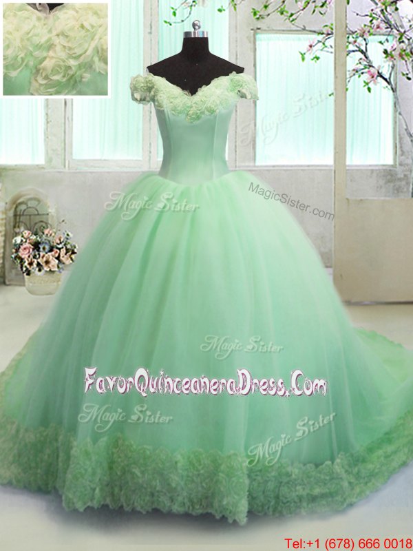 Pretty Ball Gowns Organza Off The Shoulder Short Sleeves Hand Made Flower With Train Lace Up Quinceanera Gown Court Train