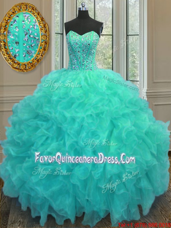  Sleeveless Floor Length Beading and Ruffles Lace Up Ball Gown Prom Dress with Aqua Blue