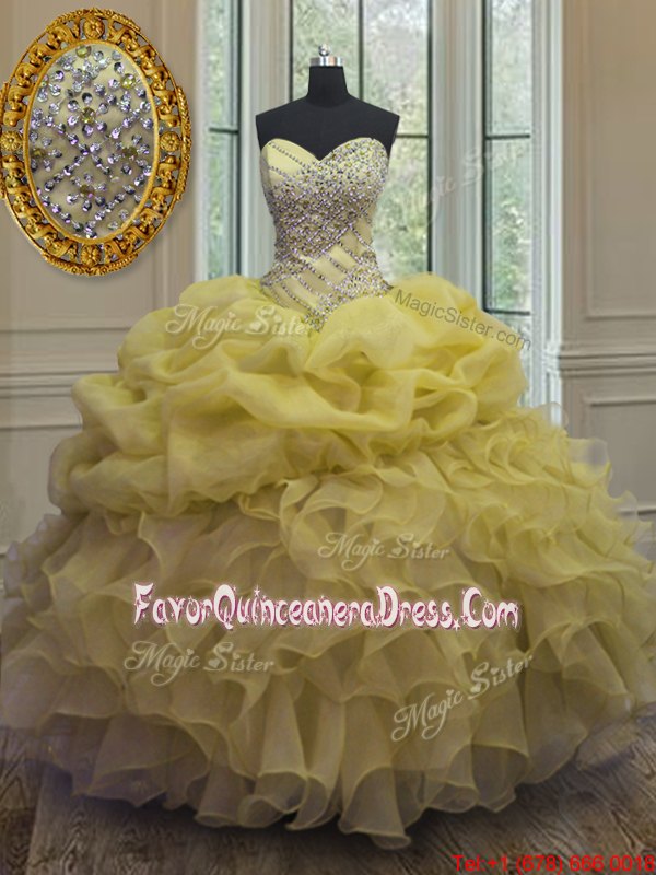 Colorful Yellow Sleeveless Beading and Ruffles and Pick Ups Floor Length Quinceanera Gowns