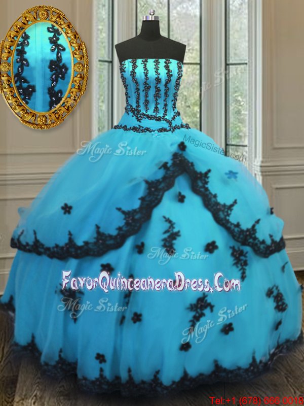  Ball Gowns Quinceanera Gowns Aqua Blue Strapless Tulle Sleeveless Floor Length Lace Up