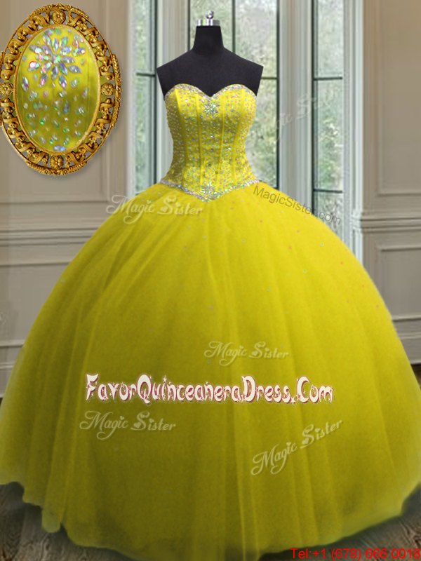 Graceful Yellow Sleeveless Beading and Sequins Floor Length Sweet 16 Dress