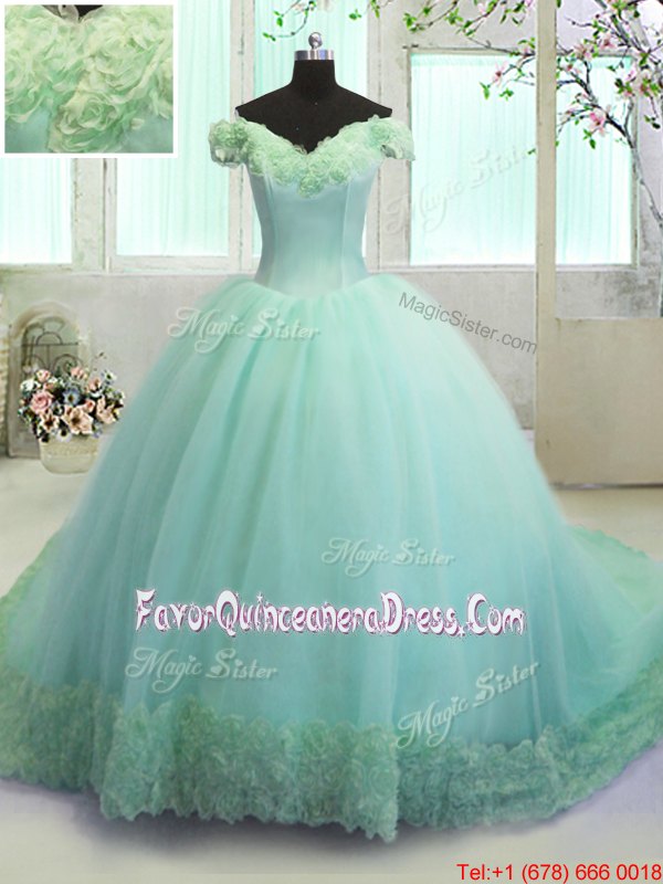  Turquoise Ball Gowns Organza Off The Shoulder Sleeveless Hand Made Flower With Train Lace Up Quince Ball Gowns Court Train