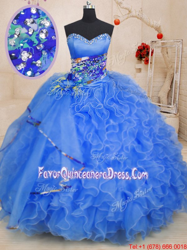  Sleeveless Organza Floor Length Lace Up Quinceanera Gown in for with Beading and Ruffles