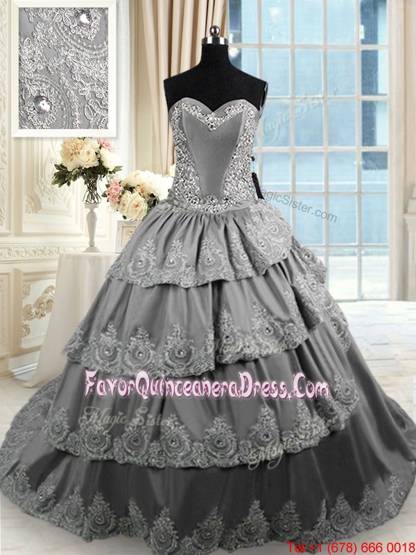  Taffeta Sweetheart Sleeveless Court Train Lace Up Beading and Appliques and Ruffled Layers Quinceanera Gowns in Grey