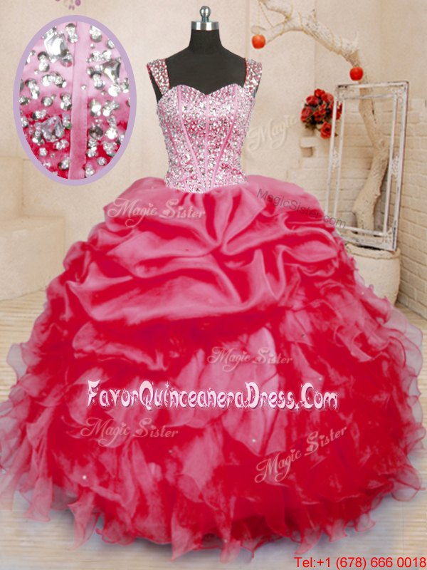 Top Selling Sleeveless Floor Length Beading and Ruffles and Pick Ups Lace Up 15 Quinceanera Dress with Coral Red