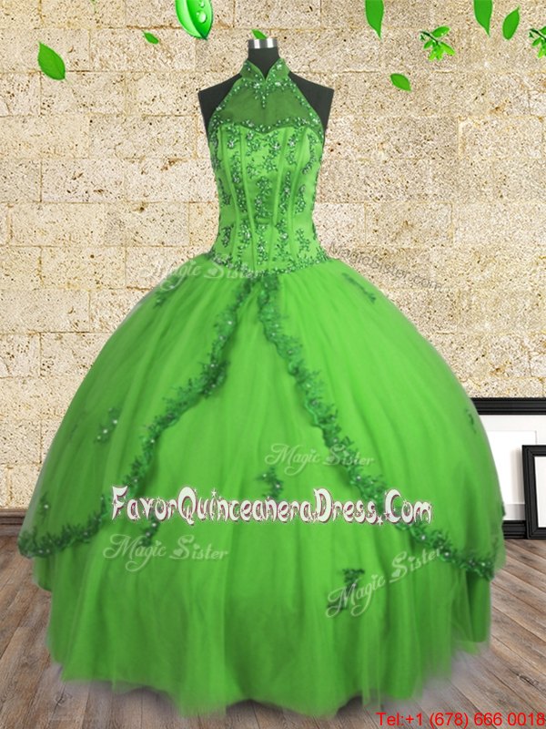  Halter Top Sleeveless Beading Lace Up Ball Gown Prom Dress