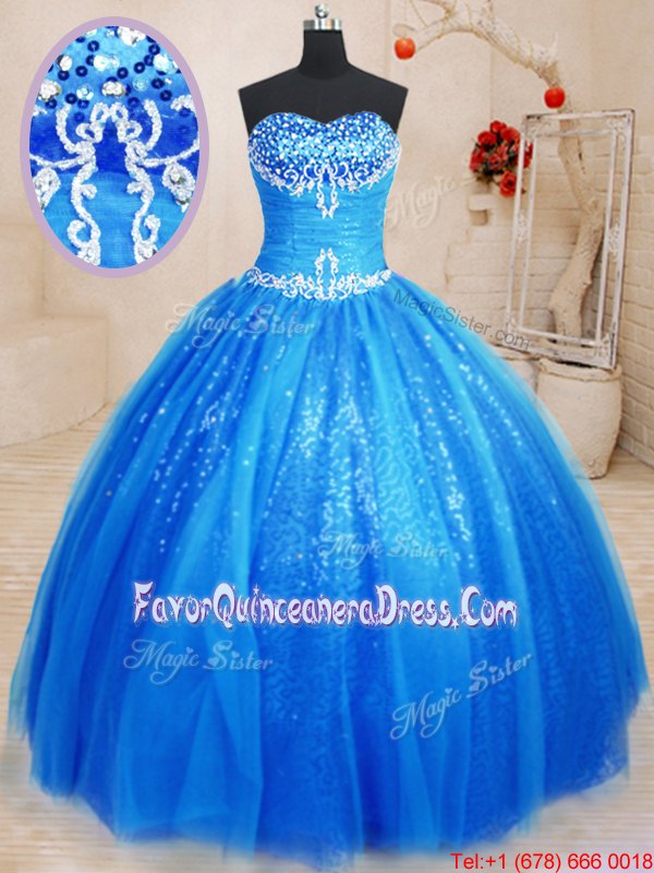 Deluxe Aqua Blue Sleeveless Beading and Ruffles Floor Length Quinceanera Gown