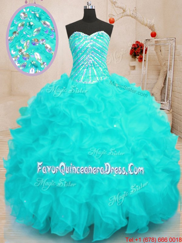  Aqua Blue Sweetheart Neckline Beading and Ruffles and Sequins 15 Quinceanera Dress Sleeveless Lace Up