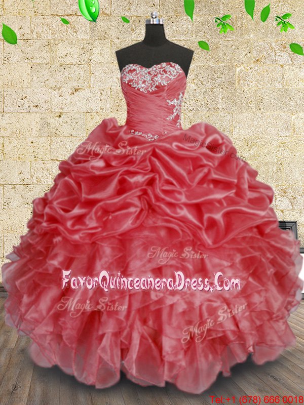  Floor Length Lace Up Sweet 16 Dresses Coral Red and In for Military Ball and Sweet 16 and Quinceanera with Beading and Appliques and Ruffles and Ruching