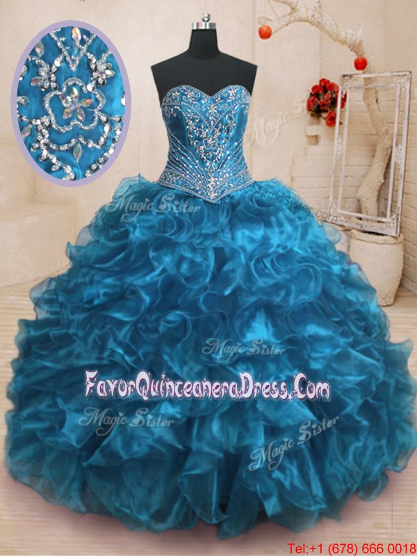 Fashion Sleeveless Organza Floor Length Lace Up Sweet 16 Quinceanera Dress in for with Beading and Ruffles and Sequins