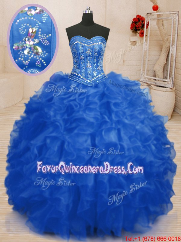 Amazing Organza Sweetheart Sleeveless Lace Up Beading and Ruffles 15 Quinceanera Dress in Aqua Blue