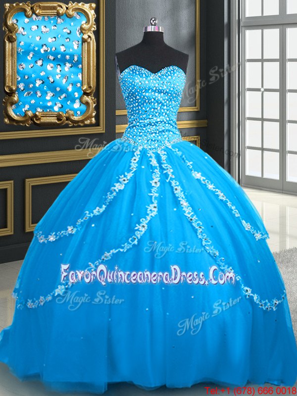  Beading and Appliques Quinceanera Dress Aqua Blue Lace Up Sleeveless With Brush Train