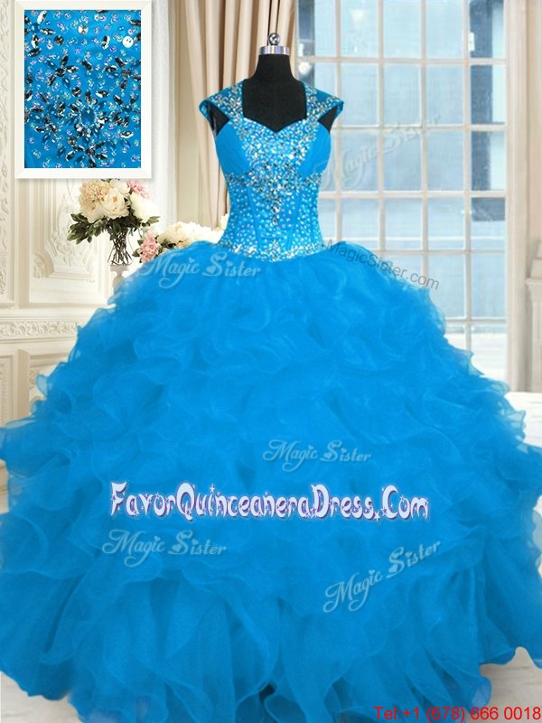 Artistic Cap Sleeves Floor Length Beading and Ruffles Lace Up Sweet 16 Quinceanera Dress with Aqua Blue
