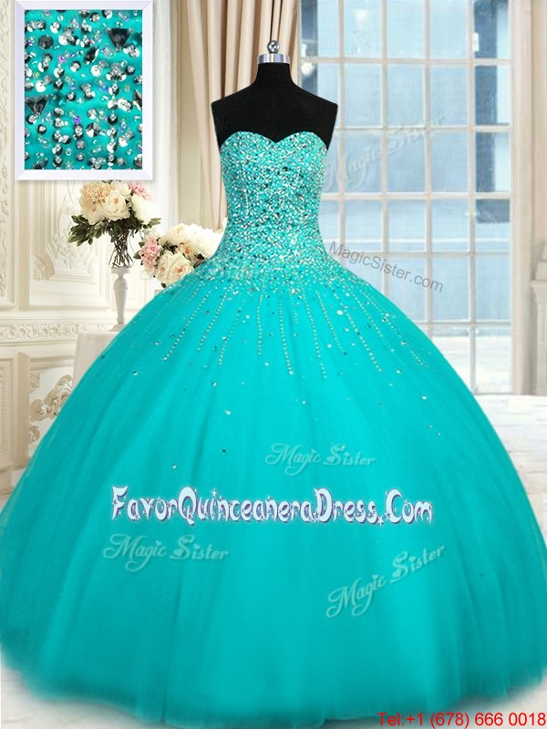 Classical Beading 15 Quinceanera Dress Aqua Blue Lace Up Sleeveless Floor Length