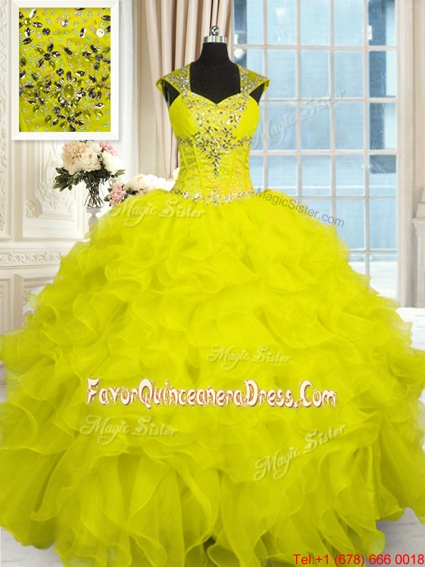 Colorful Straps Cap Sleeves Quinceanera Dresses Floor Length Beading and Ruffles Yellow Organza