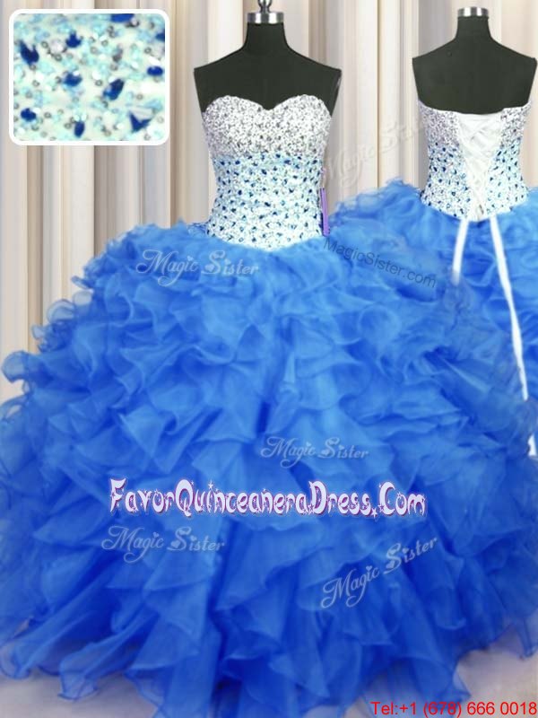 Sweet With Train Aqua Blue Quince Ball Gowns Taffeta Brush Train Sleeveless Appliques and Sequins and Pick Ups