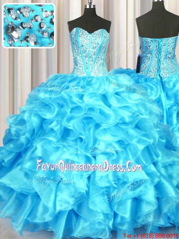 Romantic Aqua Blue Sweetheart Neckline Beading and Ruffles Quinceanera Dress Sleeveless Lace Up