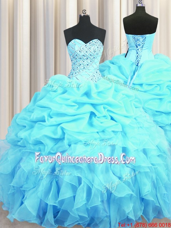 Dramatic Sleeveless Beading and Ruffles and Pick Ups Lace Up Quinceanera Dresses