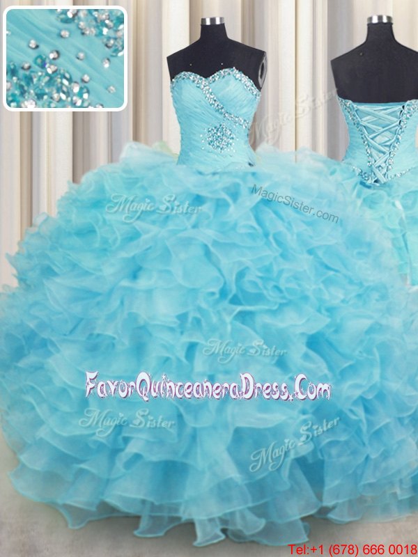  Beading and Ruffles Sweet 16 Quinceanera Dress Aqua Blue Lace Up Sleeveless Floor Length