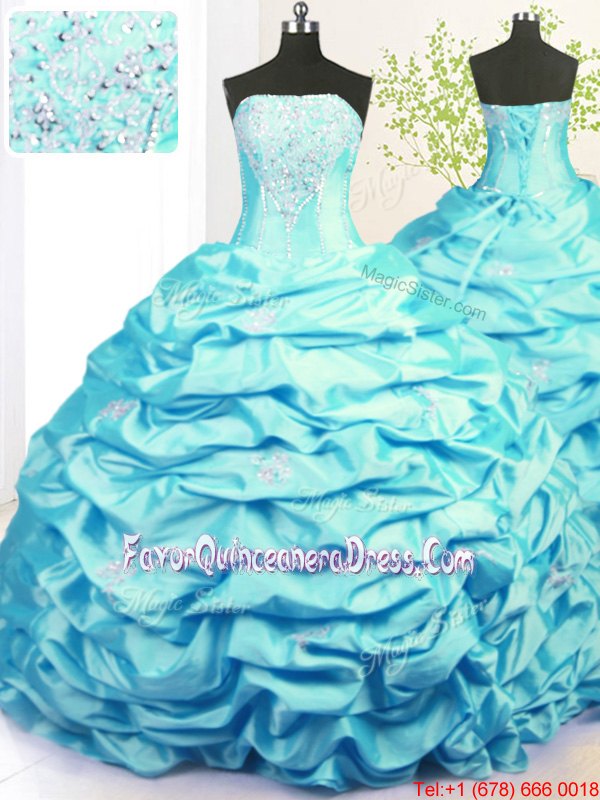  Aqua Blue Strapless Lace Up Beading and Pick Ups Quinceanera Gowns Sweep Train Sleeveless