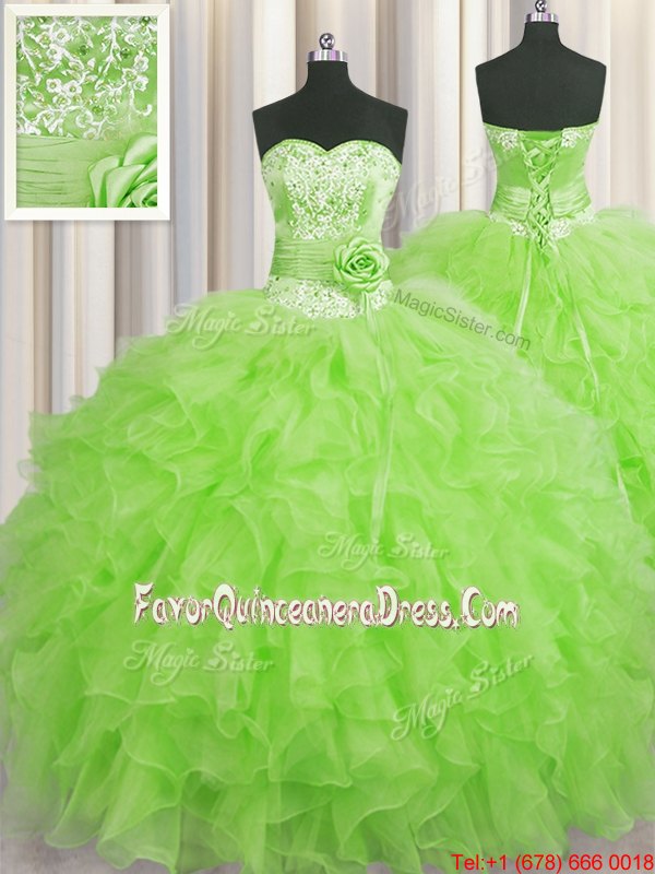  Handcrafted Flower Organza Sweetheart Sleeveless Lace Up Beading and Ruffles and Hand Made Flower Quinceanera Gowns in 