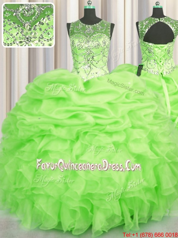 Extravagant See Through Ball Gowns Beading and Ruffles and Pick Ups Quinceanera Dress Lace Up Organza Sleeveless Floor Length