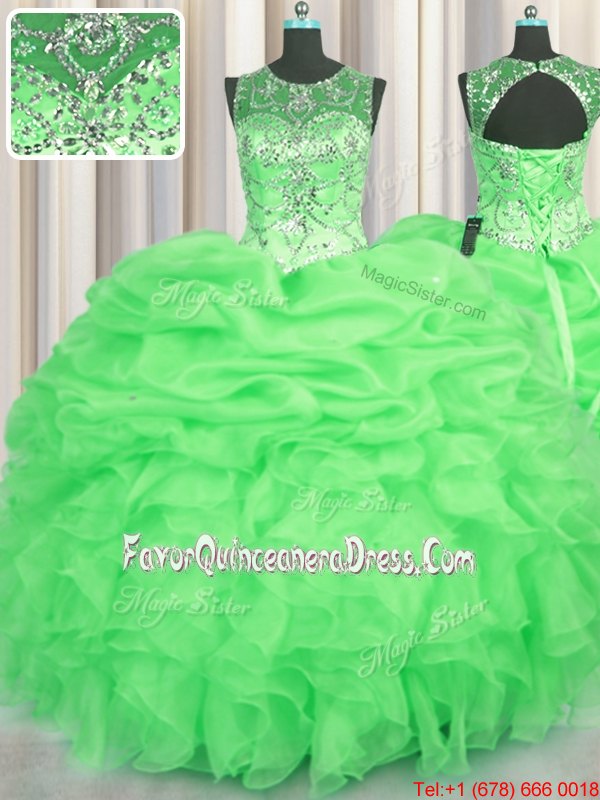 Eye-catching See Through Beading and Ruffles and Pick Ups Sweet 16 Dresses Lace Up Sleeveless Floor Length