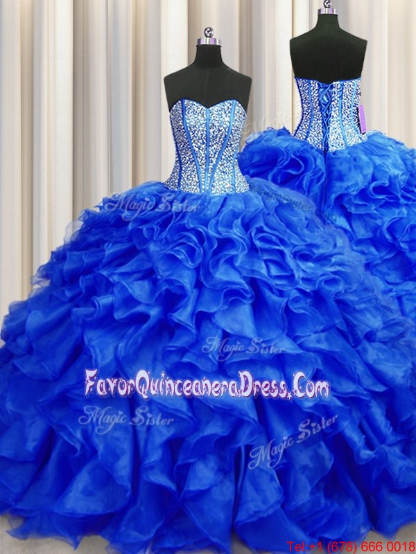  Scoop See Through Sleeveless Organza Floor Length Lace Up Vestidos de Quinceanera in Aqua Blue for with Beading and Ruffles and Pick Ups