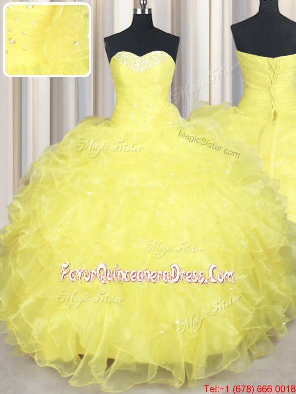  Yellow Ball Gowns Sweetheart Sleeveless Organza Floor Length Lace Up Beading and Ruffles Sweet 16 Dress