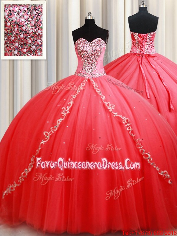  Floor Length Coral Red 15th Birthday Dress Tulle Sleeveless Beading and Appliques