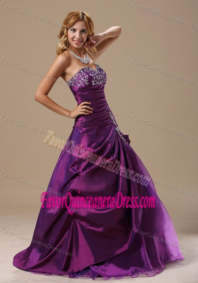 Perfect Purple Long Quince Dress with Embroidery in Taffeta and Organza