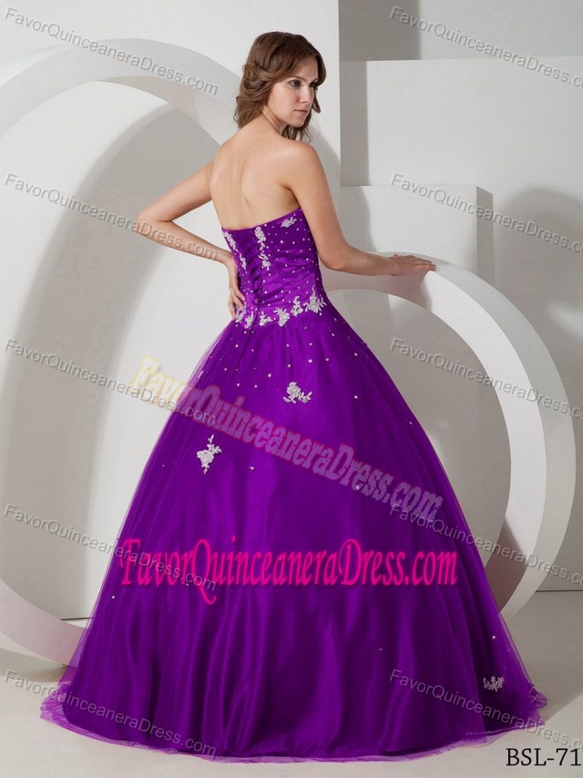 Stylish Strapless Purple Quince Dresses with Appliques in Taffeta and Tulle