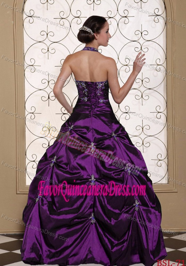 Sexy Halter Purple Taffeta Sweet Sixteen Dress Embroidery and Pick-ups