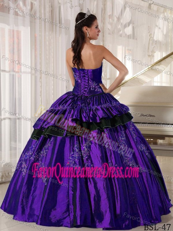 Perfect Purple Strapless Long Quinceaneras Dress with Appliques in Taffeta