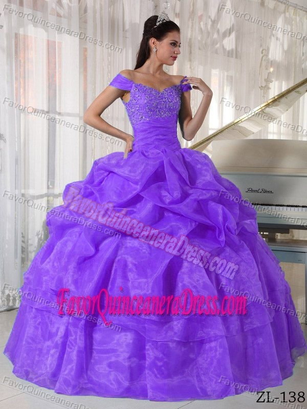 Latest Off The Shoulder Purple Organza Quinceanera Gown with Pick-ups